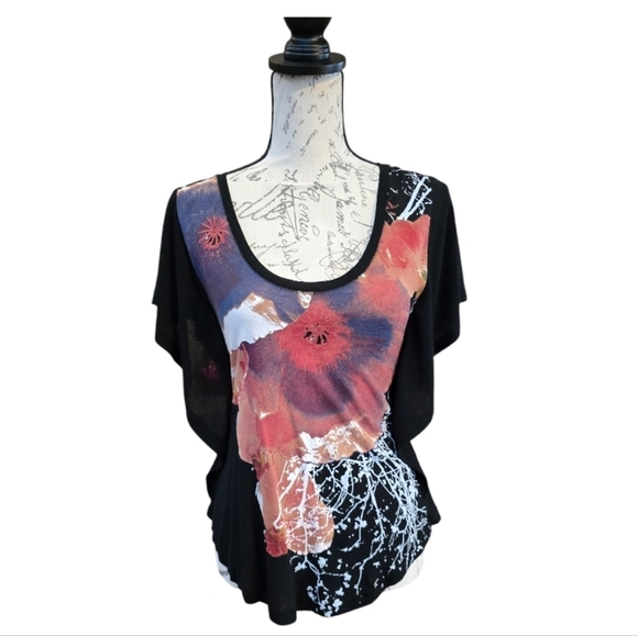 Free People Black Red Multicolor Splattered Print Short Sleeve Top XS - Picture 1 of 8